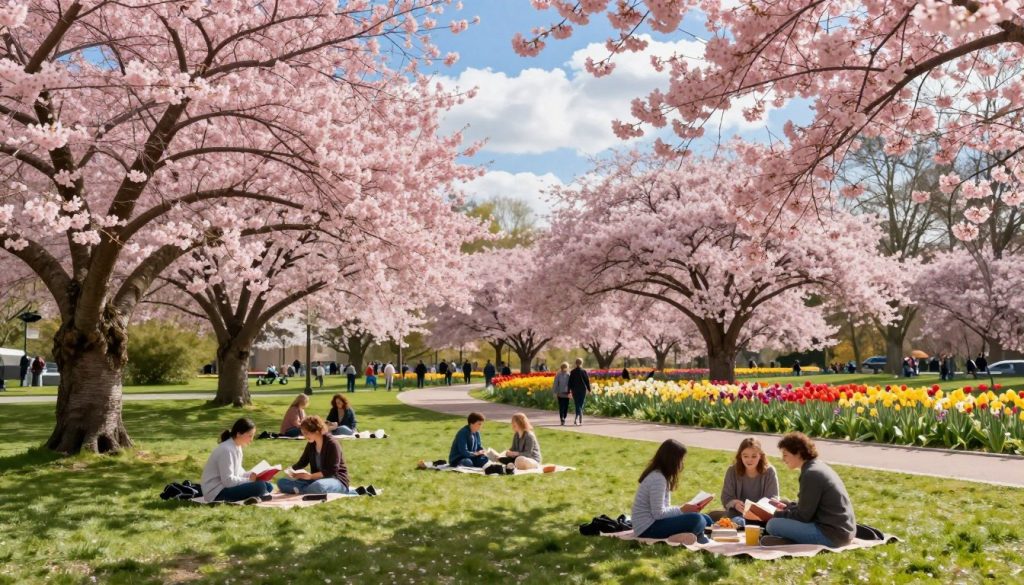 A serene spring day on April 28, 2026, capturing the essence of renewal and nature's beauty. In the foreground, a tranquil park scene with blossoming cherry trees adorned with soft pink flowers. Families enjoying picnics on verdant grass, some reading books or laughing together, dressed in casual, modest clothing. In the middle ground, a gentle pathway winds through the park, lined with radiant tulips and daffodils in vibrant colors. The background showcases a clear blue sky with fluffy white clouds, giving a sense of peace and tranquility. The sunlight filters through the trees, casting playful shadows on the ground, creating a warm and inviting atmosphere. The mood is joyful and reflective, symbolizing both celebration and remembrance. A serene spring day on April 28, 2026, capturing the essence of renewal and nature's beauty. In the foreground, a tranquil park scene with blossoming cherry trees adorned with soft pink flowers. Families enjoying picnics on verdant grass, some reading books or laughing together, dressed in casual, modest clothing. In the middle ground, a gentle pathway winds through the park, lined with radiant tulips and daffodils in vibrant colors. The background showcases a clear blue sky with fluffy white clouds, giving a sense of peace and tranquility. The sunlight filters through the trees, casting playful shadows on the ground, creating a warm and inviting atmosphere. The mood is joyful and reflective, symbolizing both celebration and remembrance.