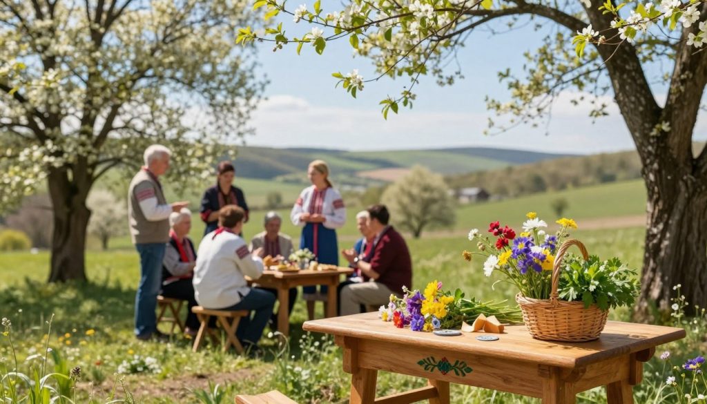 A serene spring landscape on April 15, showcasing traditional Ukrainian folk omens. In the foreground, a decorated wooden table holds a colorful arrangement of blooming wildflowers and a small basket of fresh herbs, symbolizing seasonal abundance. The middle ground features a group of people in modest, casual clothing engaging in a traditional outdoor gathering, sharing stories and discussing omens specific to this day. Soft sunlight filters through leafy trees, casting dappled shadows and creating a warm, inviting atmosphere. The background reveals rolling hills and a clear blue sky, enhancing the sense of renewal and connection to nature. Capture this scene with a warmth that reflects the mood of springtime traditions and communal harmony. A serene spring landscape on April 15, showcasing traditional Ukrainian folk omens. In the foreground, a decorated wooden table holds a colorful arrangement of blooming wildflowers and a small basket of fresh herbs, symbolizing seasonal abundance. The middle ground features a group of people in modest, casual clothing engaging in a traditional outdoor gathering, sharing stories and discussing omens specific to this day. Soft sunlight filters through leafy trees, casting dappled shadows and creating a warm, inviting atmosphere. The background reveals rolling hills and a clear blue sky, enhancing the sense of renewal and connection to nature. Capture this scene with a warmth that reflects the mood of springtime traditions and communal harmony.