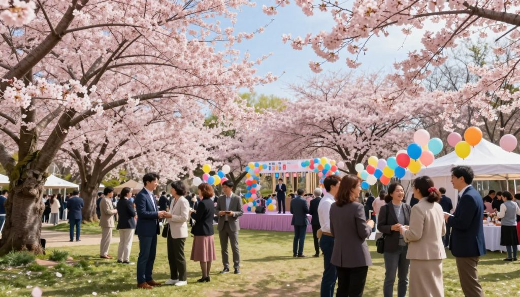 A serene spring morning scene depicting a lively celebration on April 18, 2026, in a picturesque park. In the foreground, a diverse group of people in professional business attire and modest casual clothing are engaged in cheerful conversation, enjoying a festive atmosphere. The middle ground features colorful balloons and decorations, with a small stage decorated for performances, creating a sense of community. In the background, cherry blossom trees are in full bloom, their delicate pink petals scattered by a gentle breeze, under a bright blue sky. The sunlight filters softly through the branches, casting playful shadows on the grass. The mood is joyful and uplifting, capturing the essence of a special day filled with hope and celebration.