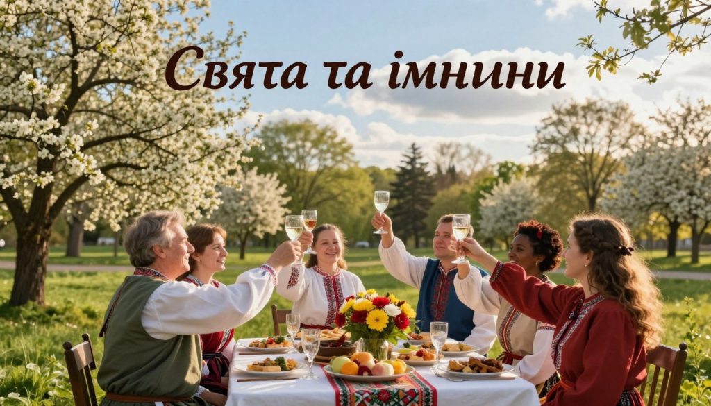 A serene spring scene depicting a traditional celebration for "Свята та іменини" on May 5th. In the foreground, a beautifully adorned table is set with vibrant flowers and traditional dishes, symbolizing the festive occasion. A group of diverse people, dressed in colorful but modest attire, are joyfully raising their glasses in a toast, capturing the spirit of camaraderie. The middle section showcases a lush green park with blossoming trees, symbolizing new life and celebration. In the background, soft clouds float in a clear blue sky, hinting at a peaceful atmosphere. The lighting is warm and inviting, with golden-hour sunlight casting a gentle glow on the scene, enhancing the joyful and sacred mood of the celebration. The overall composition embodies a sense of togetherness and gratitude. A serene spring scene depicting a traditional celebration for "Свята та іменини" on May 5th. In the foreground, a beautifully adorned table is set with vibrant flowers and traditional dishes, symbolizing the festive occasion. A group of diverse people, dressed in colorful but modest attire, are joyfully raising their glasses in a toast, capturing the spirit of camaraderie. The middle section showcases a lush green park with blossoming trees, symbolizing new life and celebration. In the background, soft clouds float in a clear blue sky, hinting at a peaceful atmosphere. The lighting is warm and inviting, with golden-hour sunlight casting a gentle glow on the scene, enhancing the joyful and sacred mood of the celebration. The overall composition embodies a sense of togetherness and gratitude.