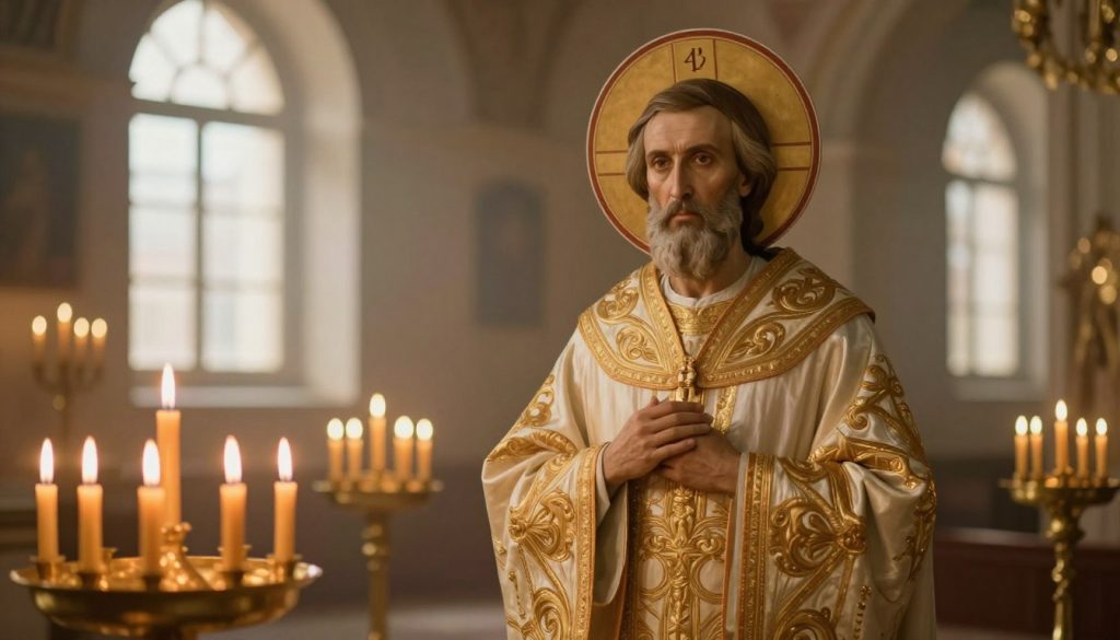 A solemn and serene depiction of St. Basil, the Holy Martyr, standing gracefully in a softly lit church setting. In the foreground, St. Basil is portrayed in traditional Byzantine robes, adorned with intricate gold embroidery, exuding a sense of holy dignity. His face reflects wisdom and compassion, gazing thoughtfully towards the viewer. In the middle, a gathering of flickering candles illuminates the scene, casting gentle shadows that enhance the sacred atmosphere. The background features beautiful arched windows, draped with delicate fabric, allowing muted sunlight to filter through, creating a warm, golden hue. The overall mood is one of reverence and spirituality, invoking a sense of devotion and tradition associated with the celebration of his feast day on April 26th.