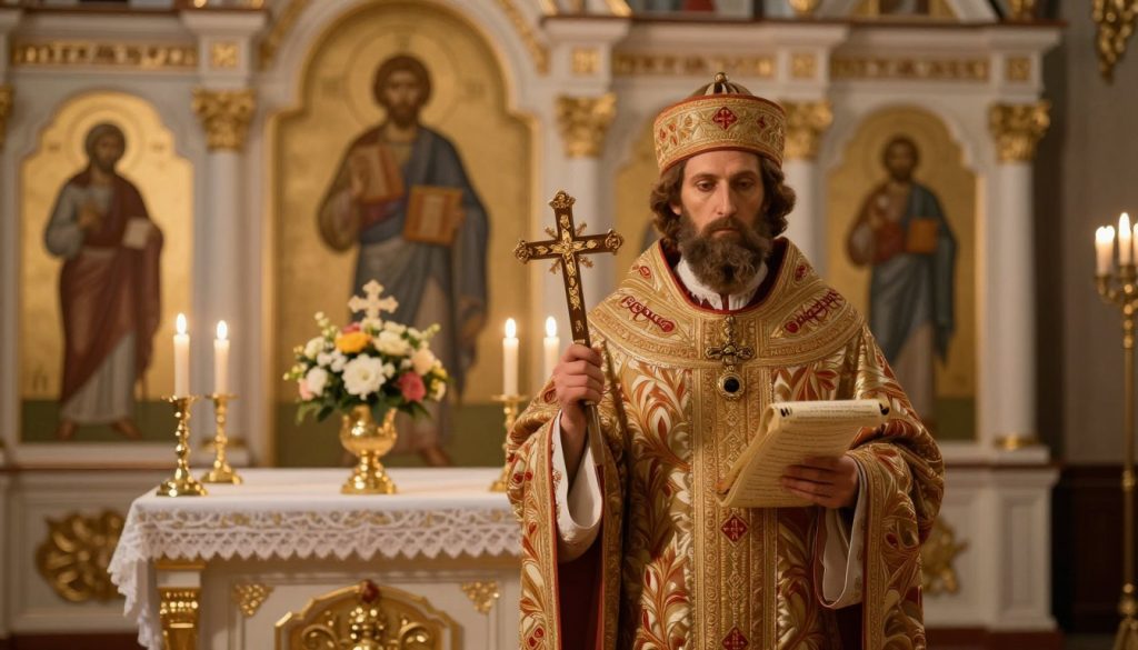 A solemn depiction of "Преподобномученика Вадима" in a traditional Orthodox setting, standing reverently. In the foreground, the saint is shown wearing a richly embroidered robe, holding a cross in one hand and a scroll in the other, symbolizing his teachings. His expression reflects a serene devotion. In the middle ground, an intricately designed altar adorned with candles and flowers enhances the sense of spirituality. The background features a softly glowing iconostasis with golden accents and icons of the saints, illuminated by warm candlelight. The atmospheric lighting casts gentle shadows, creating a peaceful and reflective mood, suitable for a religious observance. Capture the scene with a soft focus, emulating the warm tones of a late afternoon, reinforcing the sacred ambiance without any text or distractions.