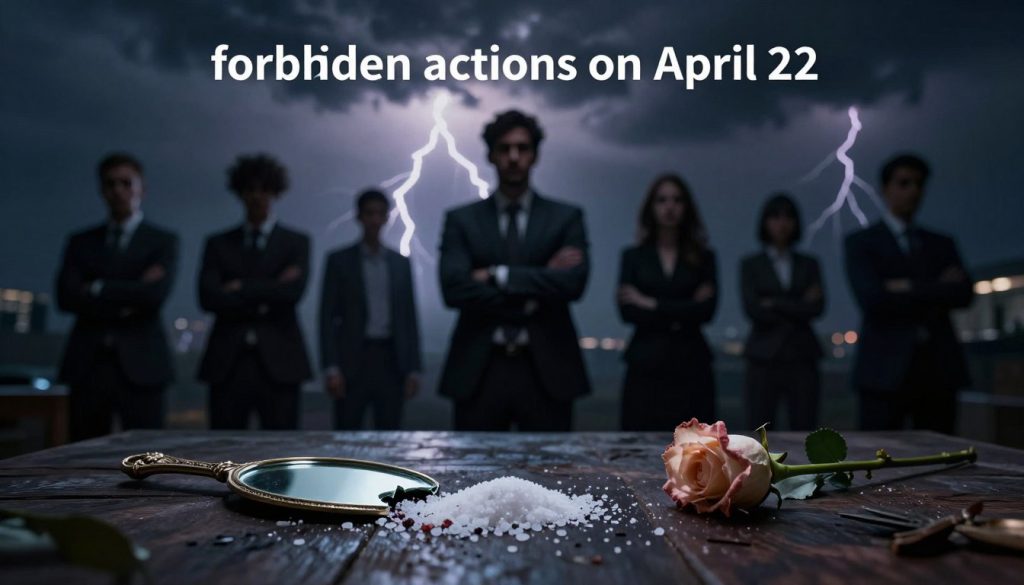 A surreal and symbolic image illustrating the concept of "forbidden actions on April 22." In the foreground, a table is set with various items like a broken mirror, spilled salt, and a wilted flower, symbolizing bad luck. In the middle ground, shadows of people in business attire stand with crossed arms, looking contemplative and serious, representing the weight of the prohibitions. The background features a dark, stormy sky with lightning bolts, creating a dramatic mood that emphasizes the tension between fortune and misfortune. The lighting is dim, with eerie highlights on the foreground objects, capturing a sense of caution and superstition. The overall atmosphere is mysterious and thought-provoking, perfect for illustrating the theme of caution regarding luck and health.