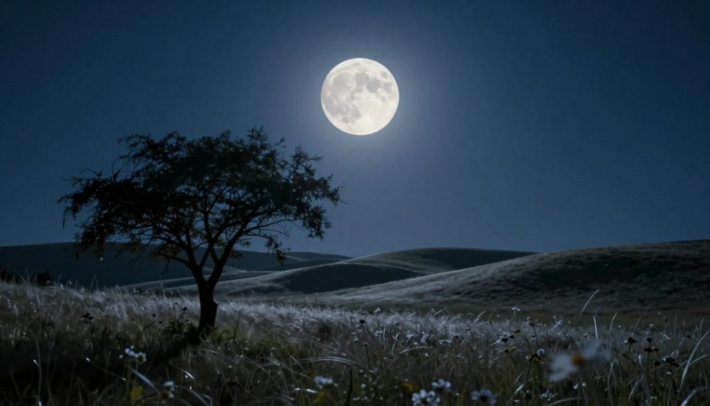 A tranquil night sky dominated by a luminous full moon, casting a serene glow over a peaceful landscape. In the foreground, an ethereal silhouette of a gently swaying tree, its branches reaching toward the moonlight. The middle ground features soft, rolling hills illuminated by the moon's silver light, with delicate wildflowers slightly bowing in a gentle breeze. The background reveals a deep navy blue sky speckled with twinkling stars, creating a harmonious celestial backdrop. The scene imbues a sense of calm and introspection, with cool, muted tones contrasting against the bright moon. The lighting is soft and diffused, enhancing the dreamlike quality of the atmosphere. Aim for a wide-angle perspective to capture the expanse of the night sky and the surrounding tranquility.
