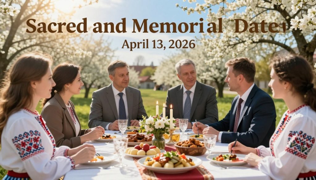 A vibrant and atmospheric representation of "Sacred and Memorial Dates in April," focusing on the significance of April 13, 2026. In the foreground, a beautifully set table featuring traditional Ukrainian dishes and candles, symbolizing celebration and remembrance. In the middle ground, people wearing professional business attire engage in meaningful conversations, highlighting the social aspect of commemorating special dates. A soft golden light bathes the scene, enhancing the warmth and importance of the occasion. In the background, a scenic view of blooming trees and a clear blue sky signifies spring and renewal. The overall mood is one of reverence and joy, capturing the essence of celebration while respecting the cultural significance of the date. The image is well-composed with an inviting atmosphere, designed to resonate with viewers and inspire reflection. A vibrant and atmospheric representation of "Sacred and Memorial Dates in April," focusing on the significance of April 13, 2026. In the foreground, a beautifully set table featuring traditional Ukrainian dishes and candles, symbolizing celebration and remembrance. In the middle ground, people wearing professional business attire engage in meaningful conversations, highlighting the social aspect of commemorating special dates. A soft golden light bathes the scene, enhancing the warmth and importance of the occasion. In the background, a scenic view of blooming trees and a clear blue sky signifies spring and renewal. The overall mood is one of reverence and joy, capturing the essence of celebration while respecting the cultural significance of the date. The image is well-composed with an inviting atmosphere, designed to resonate with viewers and inspire reflection.