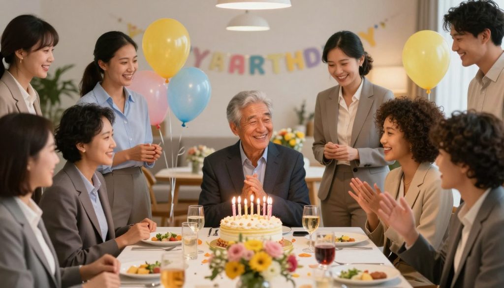 A vibrant and celebratory scene depicting famous personalities born on April 1st, 2026. In the foreground, a diverse group of individuals in professional business attire, including men and women of various ethnic backgrounds, are engaged in a festive gathering, smiling and sharing stories. In the middle ground, a beautifully arranged table with a birthday cake adorned with candles, surrounded by colorful balloons and flowers, symbolizes the joy of birth and celebration. In the background, soft, warm lighting creates a cozy atmosphere, with a blurred view of a decorated room filled with party decorations. The overall mood is uplifting and cheerful, capturing the essence of celebrating life and accomplishments of notable people born on this day.