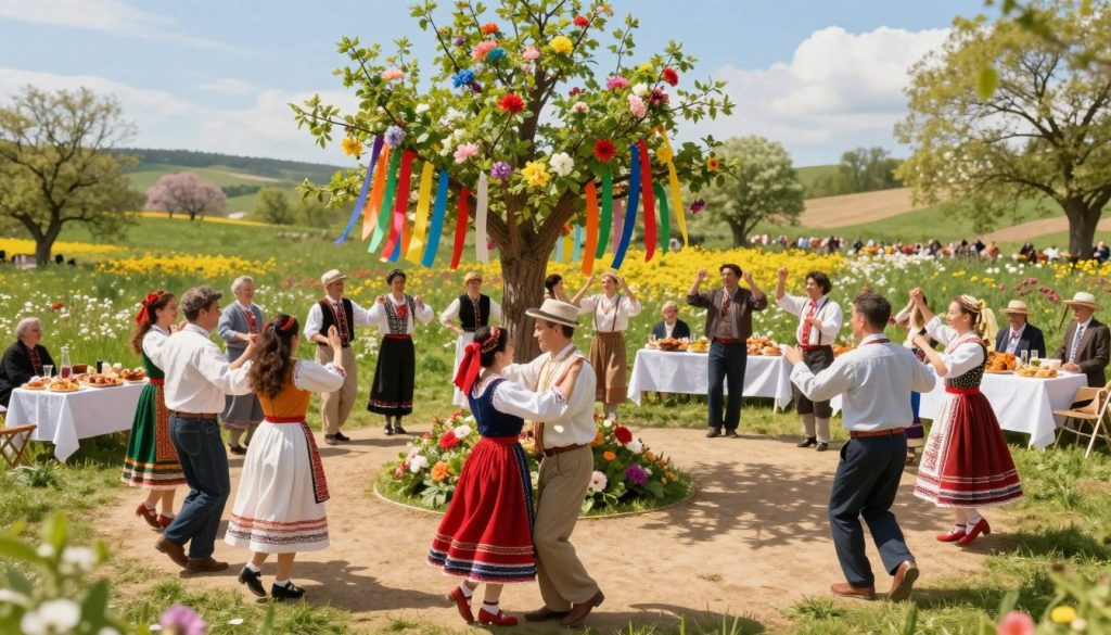 A vibrant and enchanting outdoor scene capturing traditional rituals and customs associated with May 3rd. In the foreground, a diverse group of people in modest casual attire, performing folk dances around a decorated tree adorned with colorful ribbons and flowers, symbolizing spring and renewal. The middle layer features beautifully arranged tables with traditional foods and drinks, reflecting local cultural heritage. In the background, a serene landscape with gentle hills and blooming wildflowers under a bright blue sky, bathed in warm sunlight, creating a joyful and festive atmosphere. The composition should have a slightly elevated perspective to capture the community spirit, with soft, natural lighting to enhance the feeling of warmth and togetherness. A vibrant and enchanting outdoor scene capturing traditional rituals and customs associated with May 3rd. In the foreground, a diverse group of people in modest casual attire, performing folk dances around a decorated tree adorned with colorful ribbons and flowers, symbolizing spring and renewal. The middle layer features beautifully arranged tables with traditional foods and drinks, reflecting local cultural heritage. In the background, a serene landscape with gentle hills and blooming wildflowers under a bright blue sky, bathed in warm sunlight, creating a joyful and festive atmosphere. The composition should have a slightly elevated perspective to capture the community spirit, with soft, natural lighting to enhance the feeling of warmth and togetherness.