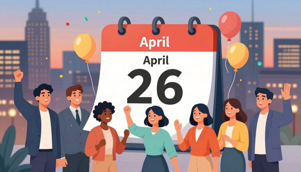 A vibrant and engaging illustration representing the events and notable births on April 26th. In the foreground, include diverse, professional-looking people celebrating, perhaps with smiles or gestures of excitement, dressed in smart casual attire. In the middle ground, display a large calendar page marked with the date "April 26" adorned with festive decorations like balloons and confetti, signifying celebration. The background should feature a soft-focus city skyline at dusk, with warm lighting creating a cozy atmosphere. Utilize a slight upward angle to emphasize the height of the buildings, and balance natural and artificial light for a dynamic effect. The overall mood should be uplifting and celebratory, embodying a sense of remembrance and joy.