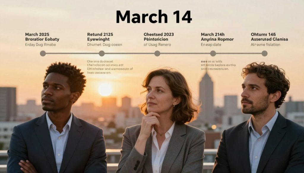 A vibrant and informative scene showcasing notable personalities born on March 14, accompanied by significant events from history that occurred on this date. In the foreground, a diverse group of three people representing different backgrounds, dressed in professional business attire, stand together with thoughtful expressions, symbolizing creativity and intelligence. In the middle, a timeline graphic elegantly displays historical milestones and notable achievements, subtly blended to give the impression of dynamic interaction between past and present. The background features a softly blurred cityscape at sunset, casting warm, golden light that evokes a sense of nostalgia and inspiration. The mood is uplifting and reflective, suggesting a celebration of contributions to science, art, and culture. Use a slight depth of field to enhance focus on the foreground subjects while maintaining context with the background.