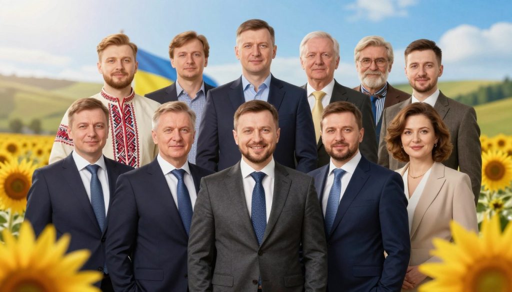 A vibrant and inspirational scene depicting prominent Ukrainian figures celebrated for their contributions to culture, politics, and science, such as writers, musicians, and historical leaders. In the foreground, a diverse group of these individuals, dressed in professional business attire, stand together with warm smiles, showcasing unity and pride. The middle of the image features symbols of Ukraine, like traditional embroidery patterns and the national flag, subtly woven into the backdrop. The background shows a soft-focus view of a Ukrainian landscape, with rolling hills and blooming sunflowers under a bright blue sky. The lighting is warm and inviting, giving the image an uplifting atmosphere, while the lens captures a slight depth of field to emphasize the subjects in the foreground. A vibrant and inspirational scene depicting prominent Ukrainian figures celebrated for their contributions to culture, politics, and science, such as writers, musicians, and historical leaders. In the foreground, a diverse group of these individuals, dressed in professional business attire, stand together with warm smiles, showcasing unity and pride. The middle of the image features symbols of Ukraine, like traditional embroidery patterns and the national flag, subtly woven into the backdrop. The background shows a soft-focus view of a Ukrainian landscape, with rolling hills and blooming sunflowers under a bright blue sky. The lighting is warm and inviting, giving the image an uplifting atmosphere, while the lens captures a slight depth of field to emphasize the subjects in the foreground.
