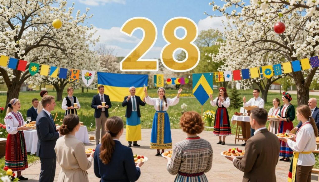 A vibrant and inviting scene showcasing the celebration of memorable dates and holidays in Ukraine and worldwide, centered around March 28. In the foreground, a diverse group of people of various ethnicities wearing modest, professional attire joyfully engaging in festive activities, such as sharing traditional foods and enjoying cultural performances. The middle ground features symbolic elements representative of different global holidays, like colorful banners and ornaments. The background depicts a scenic spring landscape with blossoming flowers and clear blue skies, suggesting renewal and optimism. Soft, warm lighting enhances the cheerful atmosphere, creating a sense of unity and celebration. The angle captures both the participants and the beautiful surroundings, inviting viewers to share in the joy of this significant day.