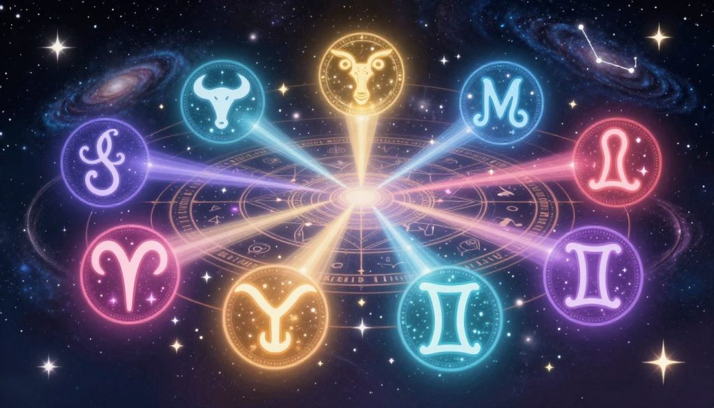A vibrant and mystical representation of the zodiac signs, each symbol elegantly styled with astrology motifs and colors that reflect fortune and luck. In the foreground, richly detailed astrological symbols for Aries, Taurus, Gemini, and others, surrounded by shimmering stars and cosmic elements, emphasizing their potential for luck in 2026. The middle layer features a celestial chart, with ethereal light beams radiating from each sign, illustrating a strong impetuous energy. The background showcases a deep, starry night sky with swirling galaxies and constellations, creating an otherworldly atmosphere. Soft, diffused lighting enhances the magical feel, while a wide-angle perspective captures the dynamic interplay of color and light, inviting viewers into a realm of astrological wonder.