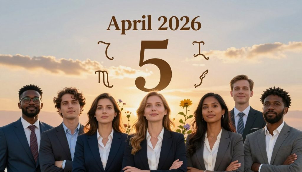 A vibrant astrological portrait inspired by the personalities born on April 5, 2026. In the foreground, diverse individuals of varying ethnicities and backgrounds are portrayed in professional business attire, symbolizing their unique traits and shared characteristics as per astrology. Each person radiates positivity and curiosity, reflecting confidence and hope for the future. The middle ground features abstract representations of zodiac symbols associated with this date, subtly intertwined with floral elements that signify growth and renewal. In the background, a serene sky transitions from dawn to daylight, casting warm golden light that enhances the image's uplifting atmosphere. The composition is balanced and harmonious, with a soft focus effect to create a dream-like quality, inviting viewers to explore the essence of those born on this date. A vibrant astrological portrait inspired by the personalities born on April 5, 2026. In the foreground, diverse individuals of varying ethnicities and backgrounds are portrayed in professional business attire, symbolizing their unique traits and shared characteristics as per astrology. Each person radiates positivity and curiosity, reflecting confidence and hope for the future. The middle ground features abstract representations of zodiac symbols associated with this date, subtly intertwined with floral elements that signify growth and renewal. In the background, a serene sky transitions from dawn to daylight, casting warm golden light that enhances the image's uplifting atmosphere. The composition is balanced and harmonious, with a soft focus effect to create a dream-like quality, inviting viewers to explore the essence of those born on this date.