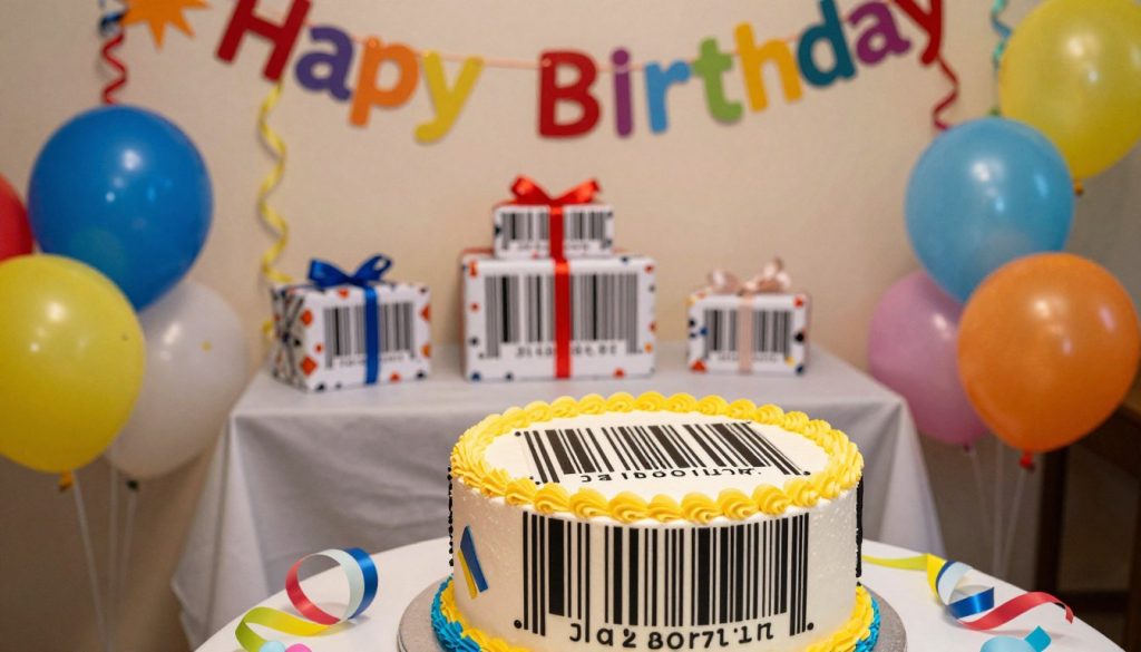 A vibrant birthday celebration themed around barcodes, featuring a large, colorful birthday cake decorated with edible barcode designs in the foreground. Include balloons and streamers in various festive colors surrounding the cake, creating a joyful atmosphere. In the middle ground, place a table adorned with gifts wrapped in patterned paper resembling barcode designs, hinting at a tech-savvy theme of the birthday. The background includes a celebratory scene with soft, warm lighting, reminiscent of a party ambiance, featuring walls decorated with colorful banners reading "Happy Birthday." The angle is slightly overhead, capturing the essence of a cheerful gathering while focusing on the unique barcode elements of the decorations. The mood is festive and lighthearted, embodying the joy of a birthday celebration. A vibrant birthday celebration themed around barcodes, featuring a large, colorful birthday cake decorated with edible barcode designs in the foreground. Include balloons and streamers in various festive colors surrounding the cake, creating a joyful atmosphere. In the middle ground, place a table adorned with gifts wrapped in patterned paper resembling barcode designs, hinting at a tech-savvy theme of the birthday. The background includes a celebratory scene with soft, warm lighting, reminiscent of a party ambiance, featuring walls decorated with colorful banners reading "Happy Birthday." The angle is slightly overhead, capturing the essence of a cheerful gathering while focusing on the unique barcode elements of the decorations. The mood is festive and lighthearted, embodying the joy of a birthday celebration.