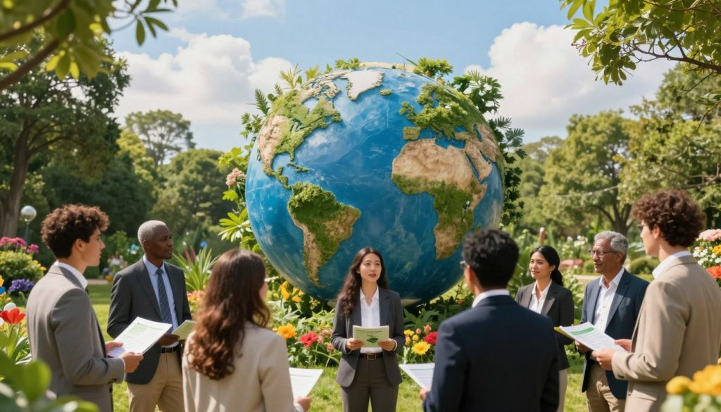 A vibrant celebration of the International Day of Environmental Knowledge. In the foreground, a diverse group of people, dressed in professional business attire, engage in discussions and hold educational materials about sustainability and ecology. In the middle ground, a large globe surrounded by greenery, symbolizing global awareness of environmental issues. Lush trees and vibrant flowers frame the scene, emphasizing nature's beauty. The background features a clear blue sky with soft, fluffy clouds, creating an uplifting atmosphere. Warm, natural lighting bathes the scene, enhancing the colors of nature and the lively expressions of the participants. The angle is slightly elevated, capturing both the group and the globe in a harmonious composition, inviting viewers to join the dialogue on environmental awareness. A vibrant celebration of the International Day of Environmental Knowledge. In the foreground, a diverse group of people, dressed in professional business attire, engage in discussions and hold educational materials about sustainability and ecology. In the middle ground, a large globe surrounded by greenery, symbolizing global awareness of environmental issues. Lush trees and vibrant flowers frame the scene, emphasizing nature's beauty. The background features a clear blue sky with soft, fluffy clouds, creating an uplifting atmosphere. Warm, natural lighting bathes the scene, enhancing the colors of nature and the lively expressions of the participants. The angle is slightly elevated, capturing both the group and the globe in a harmonious composition, inviting viewers to join the dialogue on environmental awareness.