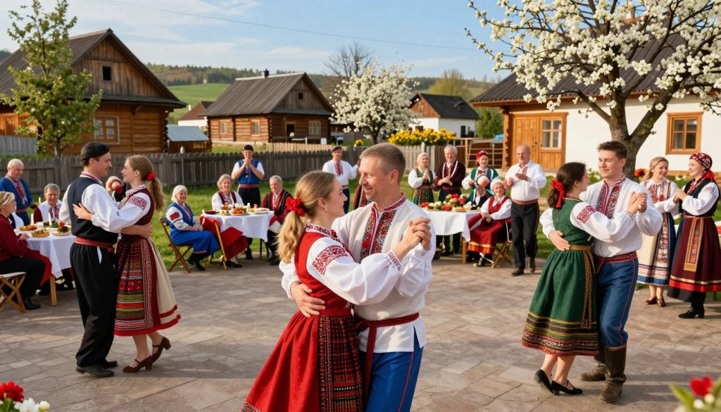 A vibrant celebration scene capturing the essence of traditional Ukrainian festivities on March 7th. In the foreground, a group of diverse, smiling people dressed in colorful, modest traditional Ukrainian clothing, joyfully participating in folk dances. In the middle ground, tables adorned with traditional Ukrainian dishes, flowers, and candles, illustrating the warmth of community and family gatherings. The background showcases a picturesque Ukrainian village with wooden houses and blooming cherry trees under a clear blue sky, casting soft sunlight over the scene. The atmosphere is festive and joyful, evoking a sense of cultural pride and connection to heritage. Utilize soft, warm lighting to enhance the inviting mood, and employ a slightly elevated angle to capture the liveliness of the celebration.