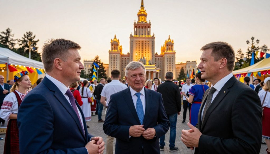 A vibrant celebration scene depicting renowned Ukrainian figures born on May 9. In the foreground, depict three well-known personalities, dressed in professional attire, engaged in lively conversation. In the middle ground, showcase a festive gathering with colorful decorations, traditional Ukrainian elements, and people from various backgrounds celebrating together. The background should feature an iconic Ukrainian landmark, beautifully illuminated by warm, golden sunset lighting, creating an inviting atmosphere. Use a wide-angle lens to capture the energy of the event, emphasizing both the interactions of the individuals and the festive environment. The overall mood should be joyous and celebratory, reflecting the significance of the day. A vibrant celebration scene depicting renowned Ukrainian figures born on May 9. In the foreground, depict three well-known personalities, dressed in professional attire, engaged in lively conversation. In the middle ground, showcase a festive gathering with colorful decorations, traditional Ukrainian elements, and people from various backgrounds celebrating together. The background should feature an iconic Ukrainian landmark, beautifully illuminated by warm, golden sunset lighting, creating an inviting atmosphere. Use a wide-angle lens to capture the energy of the event, emphasizing both the interactions of the individuals and the festive environment. The overall mood should be joyous and celebratory, reflecting the significance of the day.