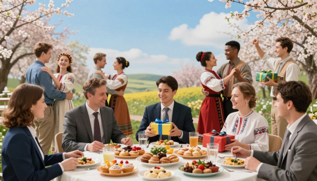 A vibrant celebration scene representing various holidays on March 10, 2026, showcasing traditional customs and symbols from Ukraine and around the world. In the foreground, a festive table adorned with colorful pastries and traditional dishes, surrounded by happy people in professional business attire, enjoying each other's company. In the middle, a diverse group of individuals, including a mix of ages and ethnic backgrounds, engaged in joyful activities like dancing and exchanging gifts. The background features scenic landscapes symbolizing spring, with blossoming flowers and clear blue skies, creating a cheerful atmosphere. Soft, warm lighting enhances the inviting mood, while a slightly elevated angle captures the lively interactions among the people, emphasizing the spirit of togetherness and celebration. A vibrant celebration scene representing various holidays on March 10, 2026, showcasing traditional customs and symbols from Ukraine and around the world. In the foreground, a festive table adorned with colorful pastries and traditional dishes, surrounded by happy people in professional business attire, enjoying each other's company. In the middle, a diverse group of individuals, including a mix of ages and ethnic backgrounds, engaged in joyful activities like dancing and exchanging gifts. The background features scenic landscapes symbolizing spring, with blossoming flowers and clear blue skies, creating a cheerful atmosphere. Soft, warm lighting enhances the inviting mood, while a slightly elevated angle captures the lively interactions among the people, emphasizing the spirit of togetherness and celebration.
