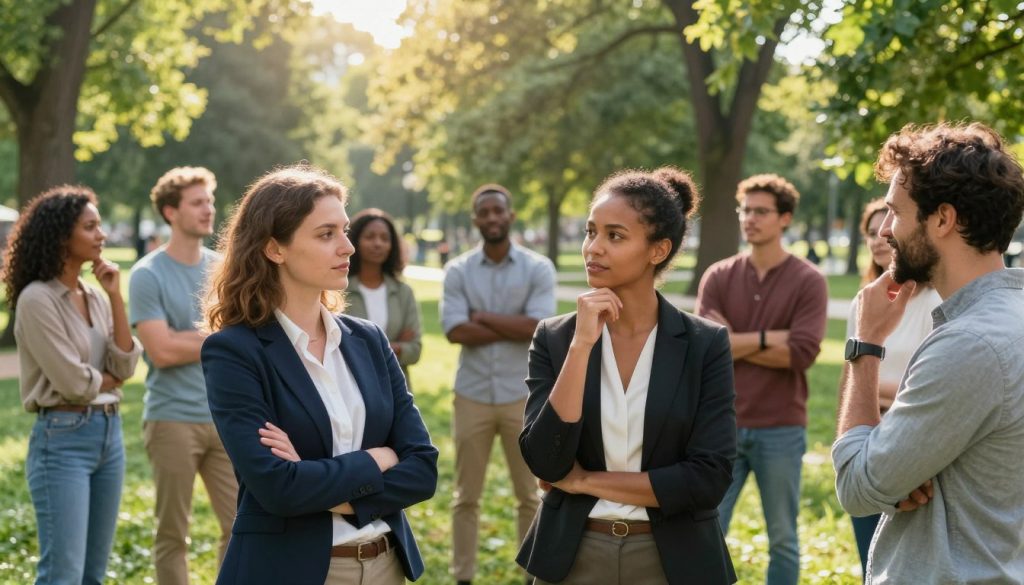 A vibrant gathering of diverse individuals, embodying strength, intuition, and energy, showcasing their personalities in a harmonious park setting. In the foreground, a confident woman in business attire exudes determination while engaging with a thoughtful man, both exuding an aura of positivity. The middle ground features a diverse group engaged in animated discussions, their expressions reflecting a range of emotions from joy to contemplation, surrounded by lush greenery. In the background, soft sunlight filters through the trees, casting gentle rays that create a warm, inviting atmosphere. The scene is captured with a wide-angle lens, emphasizing the dynamic interactions and the energy of the moment, conveying a sense of community and possibility. A vibrant gathering of diverse individuals, embodying strength, intuition, and energy, showcasing their personalities in a harmonious park setting. In the foreground, a confident woman in business attire exudes determination while engaging with a thoughtful man, both exuding an aura of positivity. The middle ground features a diverse group engaged in animated discussions, their expressions reflecting a range of emotions from joy to contemplation, surrounded by lush greenery. In the background, soft sunlight filters through the trees, casting gentle rays that create a warm, inviting atmosphere. The scene is captured with a wide-angle lens, emphasizing the dynamic interactions and the energy of the moment, conveying a sense of community and possibility.