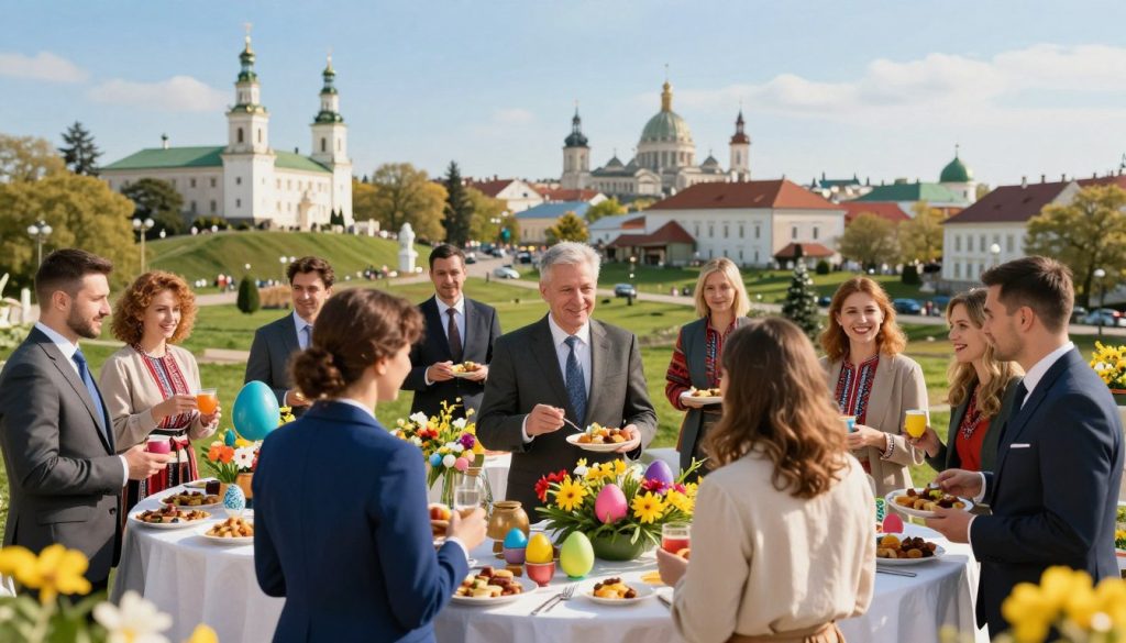 A vibrant scene depicting the celebration of significant holidays and memorable events on April 11th, emphasizing both Ukrainian and global culture. In the foreground, a diverse group of individuals dressed in professional business attire engages in a festive gathering, sharing traditional dishes and cultural artifacts. The middle ground features iconic symbols of various holidays, like colorful eggs for Easter and bright flowers for spring festivals, arranged harmoniously. In the background, a scenic landscape showcases historical landmarks from different countries, under a clear blue sky with soft, warm sunlight illuminating the scene. The overall mood is joyful and inclusive, capturing the essence of unity and commemoration during this special day. Aim for a balanced composition with a wide-angle perspective to convey a sense of togetherness and celebration. A vibrant scene depicting the celebration of significant holidays and memorable events on April 11th, emphasizing both Ukrainian and global culture. In the foreground, a diverse group of individuals dressed in professional business attire engages in a festive gathering, sharing traditional dishes and cultural artifacts. The middle ground features iconic symbols of various holidays, like colorful eggs for Easter and bright flowers for spring festivals, arranged harmoniously. In the background, a scenic landscape showcases historical landmarks from different countries, under a clear blue sky with soft, warm sunlight illuminating the scene. The overall mood is joyful and inclusive, capturing the essence of unity and commemoration during this special day. Aim for a balanced composition with a wide-angle perspective to convey a sense of togetherness and celebration.