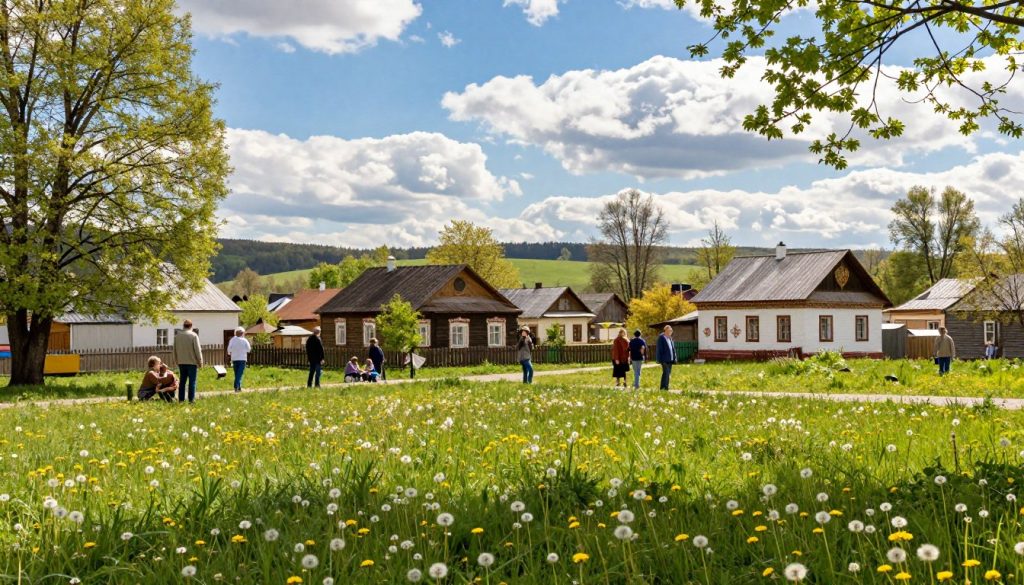 A vibrant spring day in Ukraine on March 21, 2026, showcasing a picturesque landscape. In the foreground, a lush green meadow adorned with blooming wildflowers and dandelions, symbolizing renewal and the arrival of spring. The middle ground features a quaint village with traditional Ukrainian houses, displaying decorative elements typical of Ukrainian architecture. People are seen enjoying the day, dressed in modest casual clothing, such as light jackets and hats, creating a sense of warmth and community. In the background, a bright blue sky with fluffy white clouds and a distant view of rolling hills. Soft, golden sunlight filters through the trees, casting gentle shadows and creating a serene, joyful atmosphere perfect for celebrating important milestones.