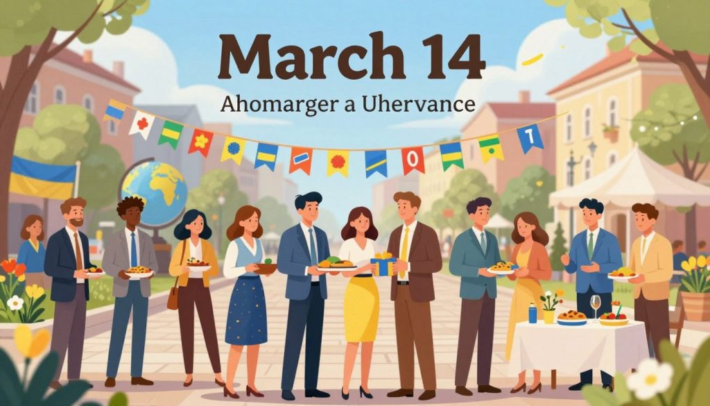 A visually engaging illustration of celebrations for March 14, highlighting both national and international observances in Ukraine and around the world. In the foreground, a diverse group of people dressed in professional business attire, joyfully participating in various cultural and international day activities such as sharing food, exchanging gifts, and discussing the day's significance. In the middle ground, vibrant decorations and symbols representing different holidays and themes, including a globe and festive banners. The background features a scenic view of a city square adorned with spring flowers and bright blue skies, conveying a sense of optimism and joy. Use warm, inviting lighting to enhance the cheerful atmosphere, with a slight depth of field effect to focus on the celebratory actions.