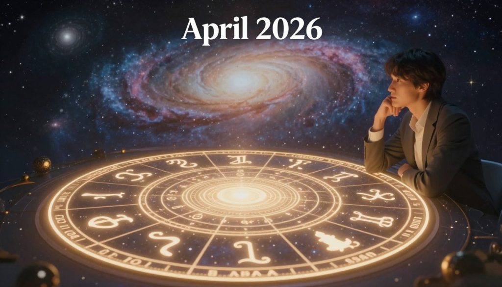 A visually stunning representation of a horoscope for April 2026. In the foreground, a beautifully designed astrological chart with intricate zodiac symbols glowing softly, serving as a focal point. The middle ground features a serene, contemplative figure of a person in professional attire, gazing thoughtfully at the chart, symbolizing reflection and insight into the future. In the background, a cosmic scene with swirling galaxies and twinkling stars, creating a mystical atmosphere that evokes wonder and possibility. Soft, ethereal lighting casts a warm glow across the scene, emphasizing a sense of harmony and serenity. The overall mood is one of enlightenment, curiosity, and anticipation, inviting viewers to explore the astrological insights for that day without any text or overlays. A visually stunning representation of a horoscope for April 2026. In the foreground, a beautifully designed astrological chart with intricate zodiac symbols glowing softly, serving as a focal point. The middle ground features a serene, contemplative figure of a person in professional attire, gazing thoughtfully at the chart, symbolizing reflection and insight into the future. In the background, a cosmic scene with swirling galaxies and twinkling stars, creating a mystical atmosphere that evokes wonder and possibility. Soft, ethereal lighting casts a warm glow across the scene, emphasizing a sense of harmony and serenity. The overall mood is one of enlightenment, curiosity, and anticipation, inviting viewers to explore the astrological insights for that day without any text or overlays.