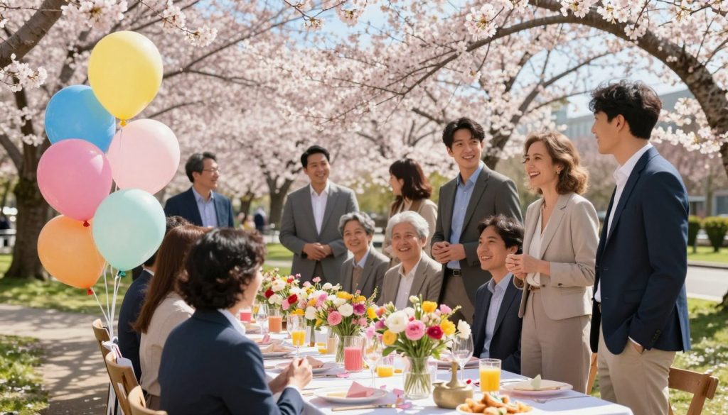 A warm and inviting spring day on March 21st, showcasing a vibrant outdoor celebration. In the foreground, a beautifully arranged table is adorned with colorful birthday decorations, balloons, and fresh flowers, symbolizing a joyful gathering. The middle ground features a diverse group of people, dressed in professional business attire, smiling and engaged in conversation, suggesting camaraderie and celebration. In the background, blossoming cherry trees and a clear blue sky add to the cheerful atmosphere, with sunlight filtering through the leaves, creating playful patterns on the ground. The overall mood is festive and uplifting, capturing the essence of birthdays and springtime togetherness. The scene is illuminated by soft, natural sunlight, enhancing the vibrant colors of the decorations and nature around.
